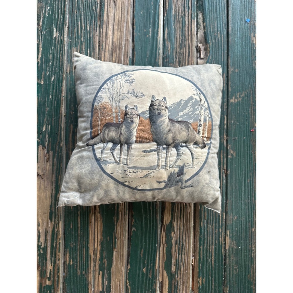 Vintage Wolf Winter Landscape reversible  Throw Pillow Gray Tan Rustic Cabin